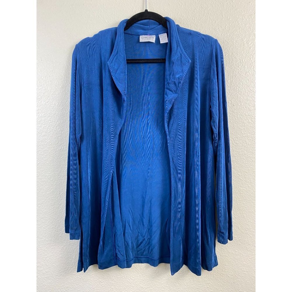 Chico's Travelers Cardigan Womens 0 Blue Slinky Knit Career Stretch Office Open